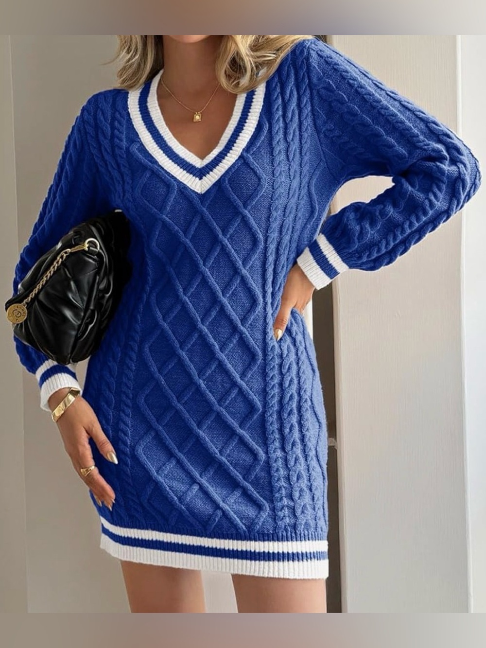 Saodimallsu Cable Knit Mini Sweater Dress V Neck Preppy Color Block Pullover